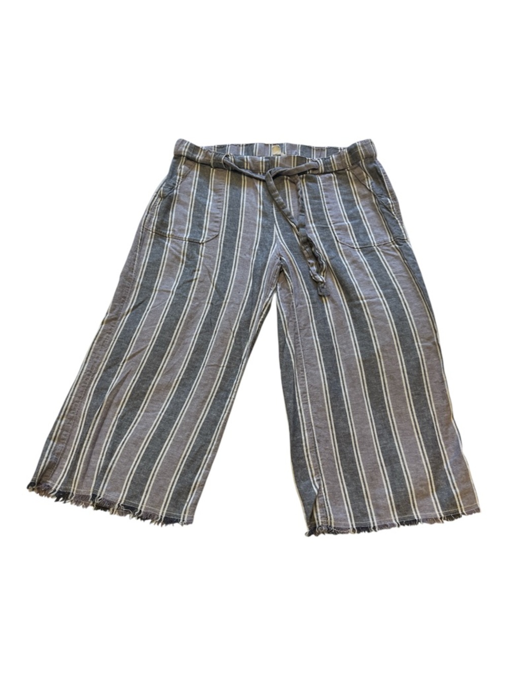 CASLON Striped Crop Linen Pants Wide Leg Drawstring Belt Sz L  Raw Hem